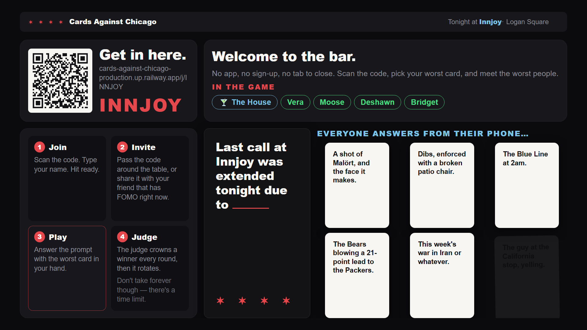 Cards in Bars TV screen with QR join code