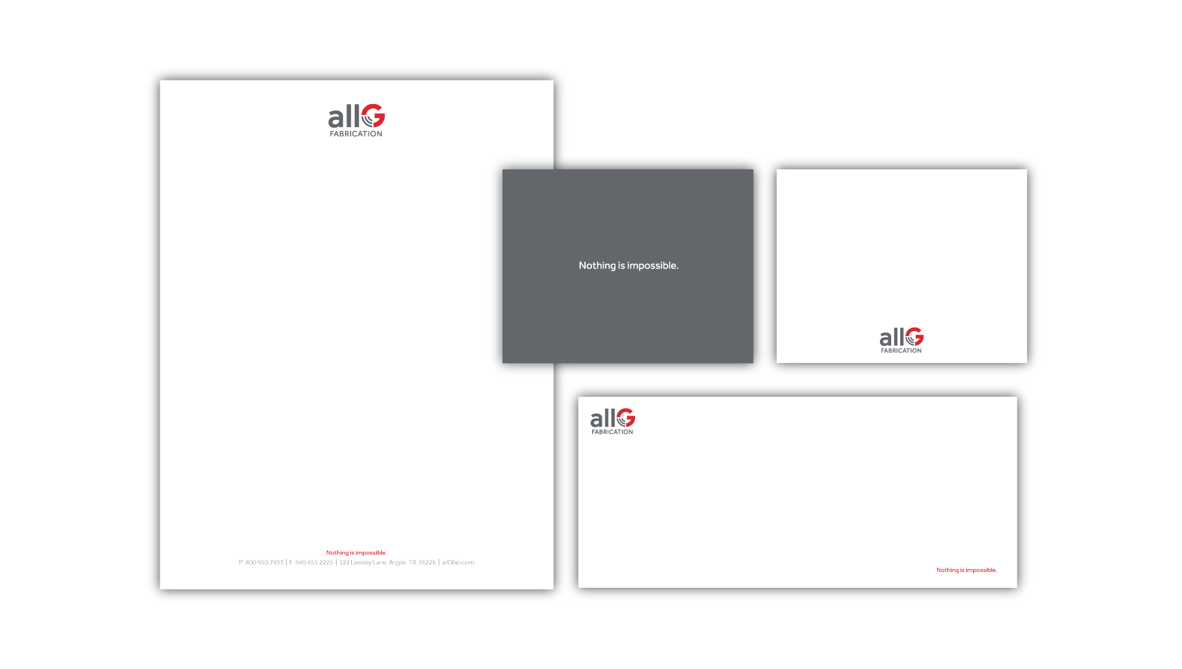 The allG identity package — letterhead, notecards, and envelope