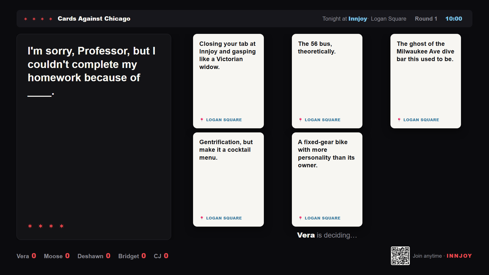 Judging on the TV — every answer face-up for the room, while each phone shows only its own card