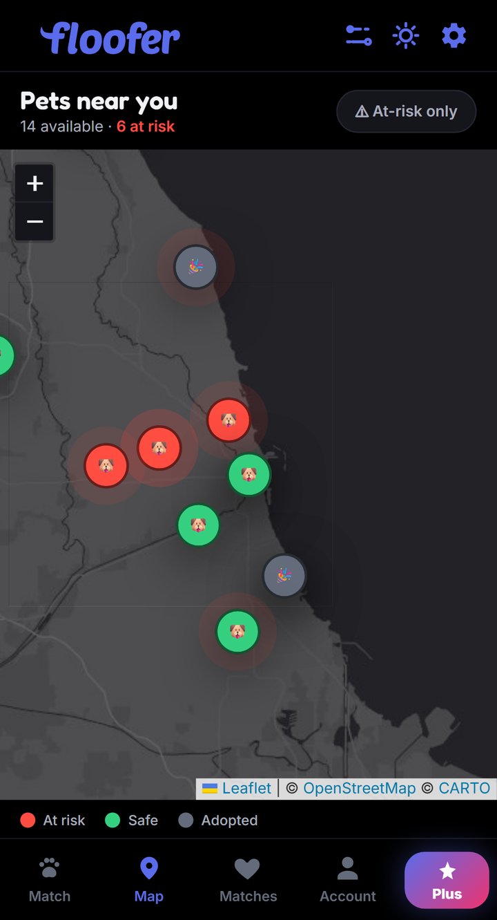 Pets near you — risk-coded map with at-risk filter