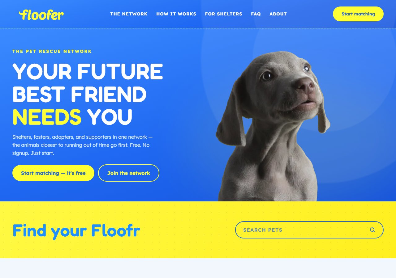 Floofer landing page — your future best friend needs you