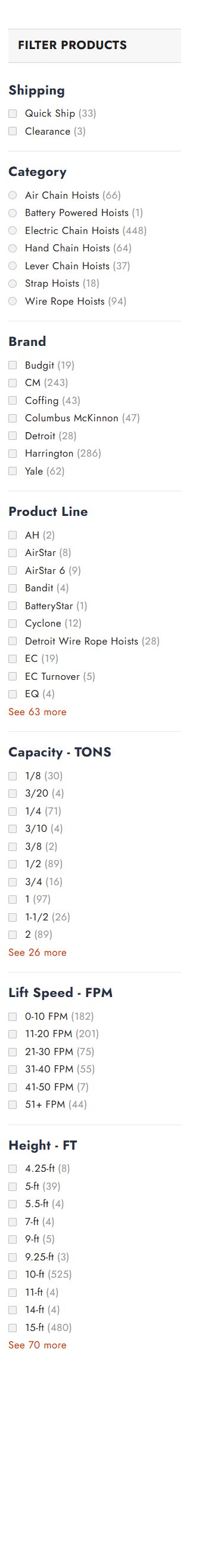 The full filter stack — capacity, lift speed, and height grouped into ranges buyers actually think in