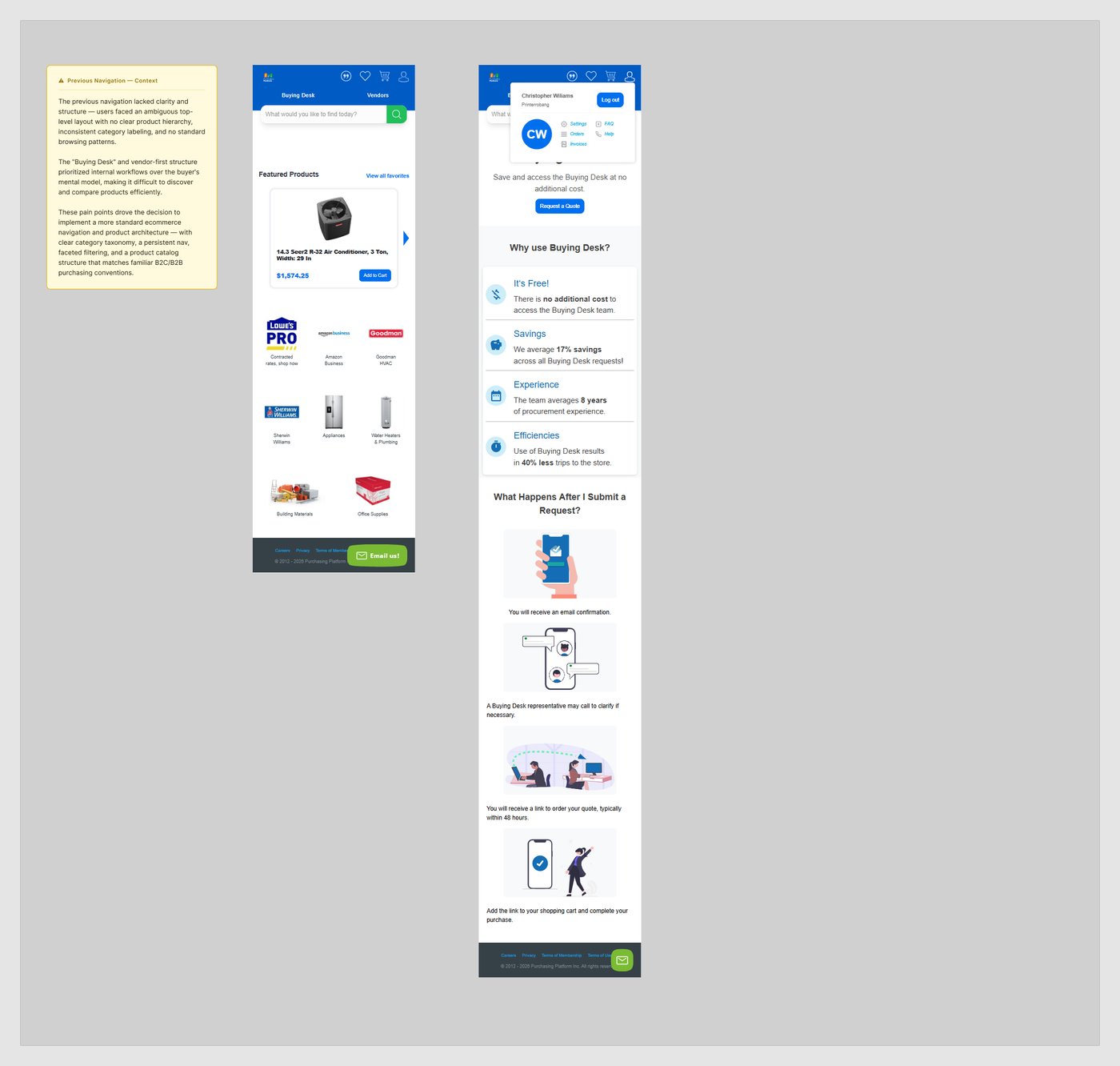 Where it started — the previous mobile navigation, with its pain points annotated in the working file